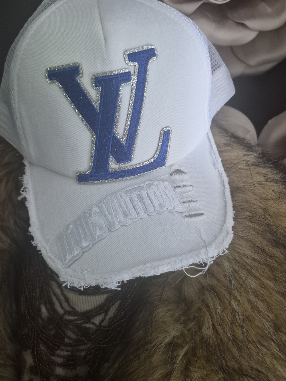 White Cap with Blue Designer Inspirwd Logo - Designer Style Trucker Hat